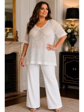 Joseph Ribkoff XXL White Sequin Crochet V Neck Oversized Side Slit Sweater